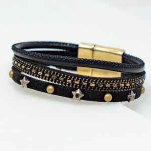 Faux Leather 3 Row Gold Stars Magnetic Bracelet
